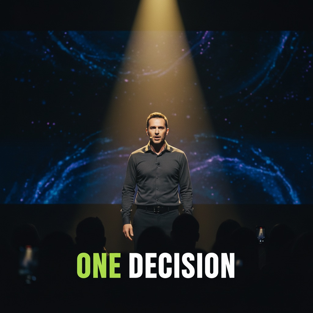 Concept clip frame: a keynote speaker under a spotlight, caption “One decision”