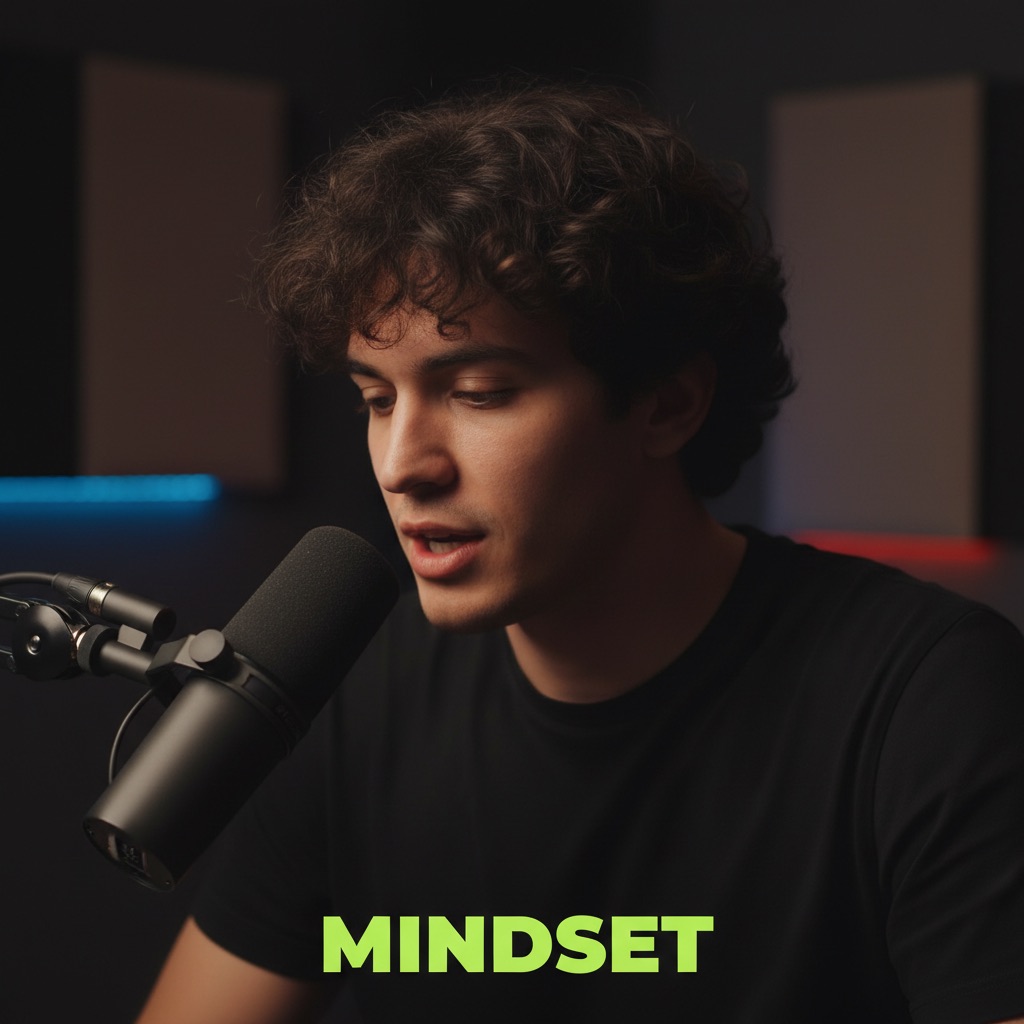 Concept clip frame: a creator at a podcast microphone, caption “Mindset”