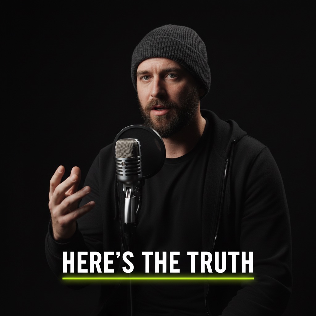 Concept clip frame: a creator at a vintage microphone, caption “Here’s the truth”