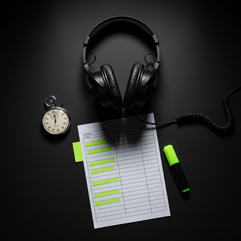 Overhead: studio headphones, a stopwatch, and a review checklist with lime highlighter marks on a dark desk
